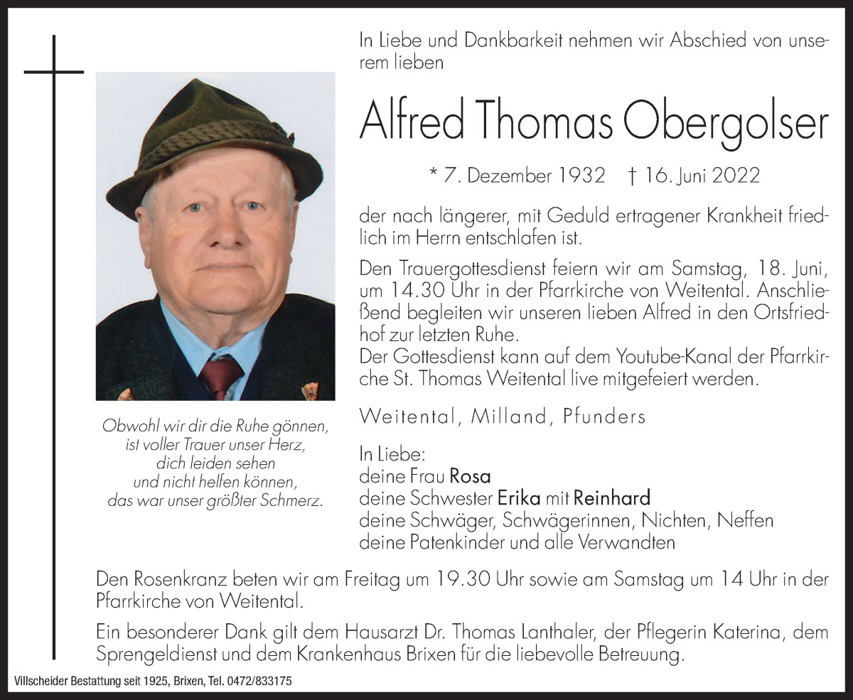  Traueranzeige für Alfred Thomas Obergolser vom 17.06.2022 aus Dolomiten