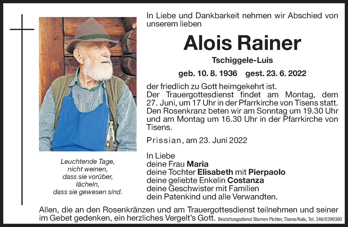  Traueranzeige für Alois Rainer vom 24.06.2022 aus Dolomiten