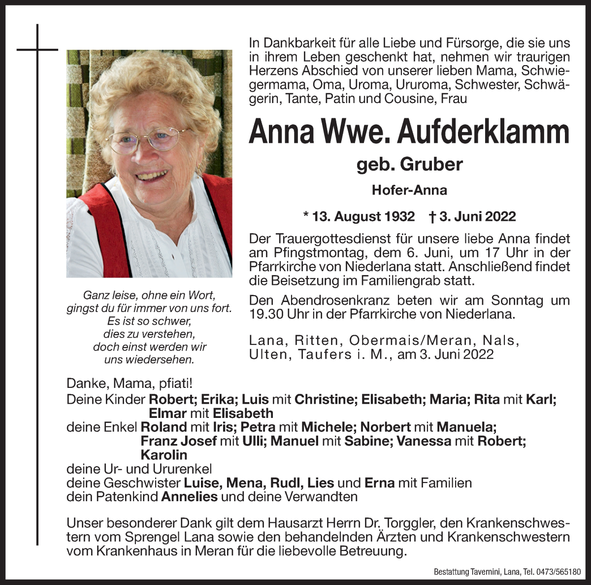  Traueranzeige für Anna Aufderklamm vom 04.06.2022 aus Dolomiten