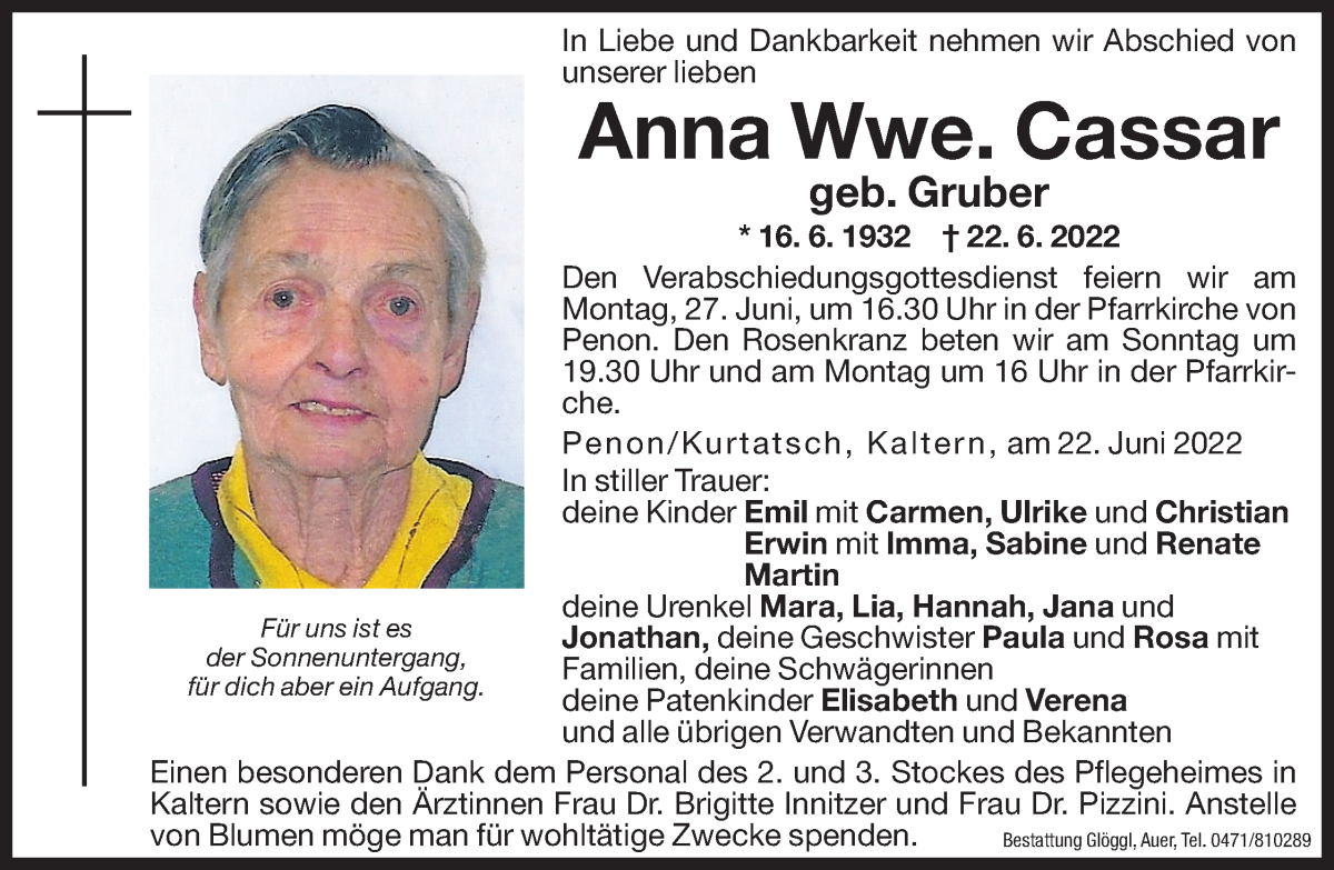  Traueranzeige für Anna Cassar vom 24.06.2022 aus Dolomiten
