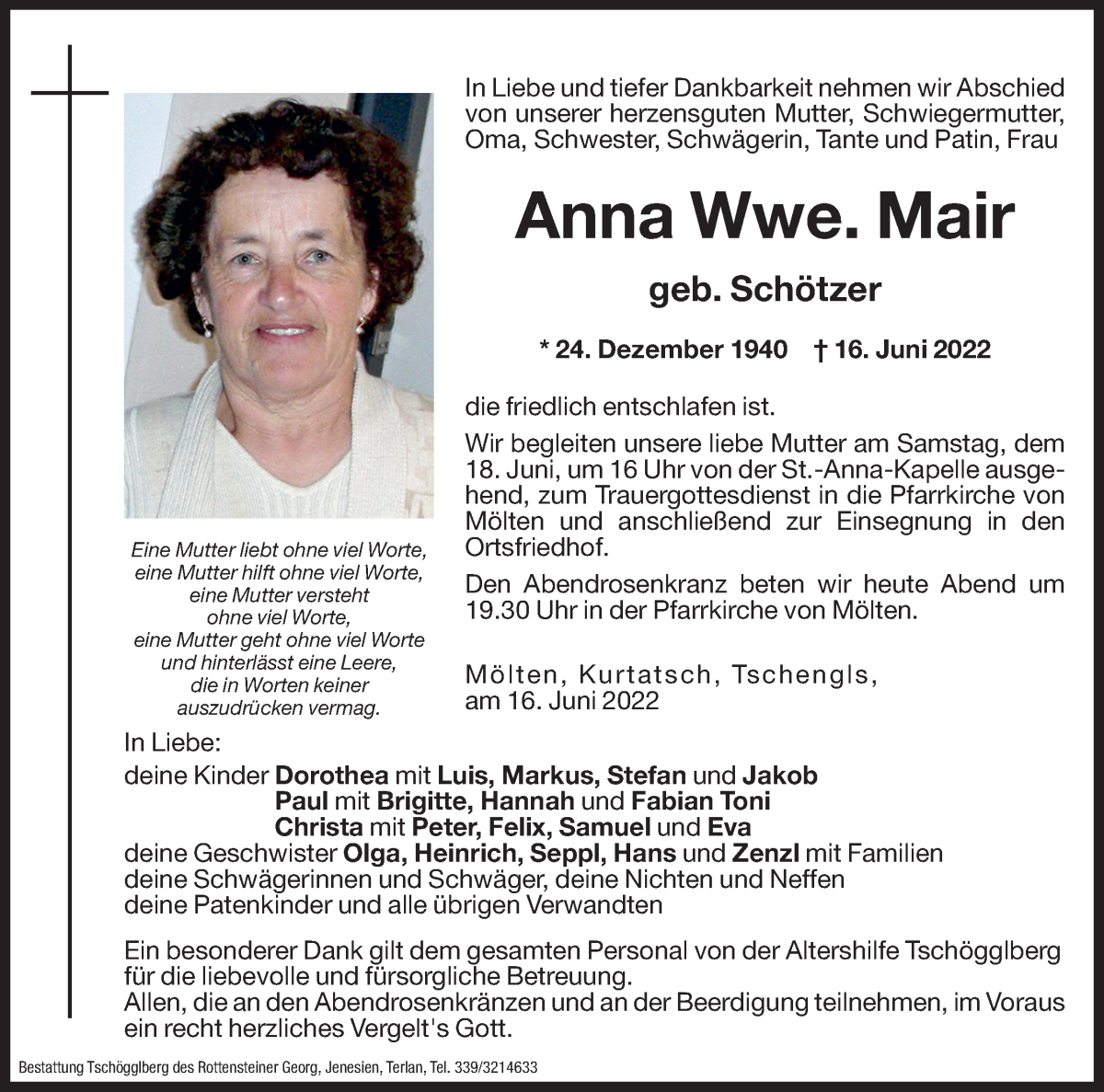  Traueranzeige für Anna Mair vom 17.06.2022 aus Dolomiten