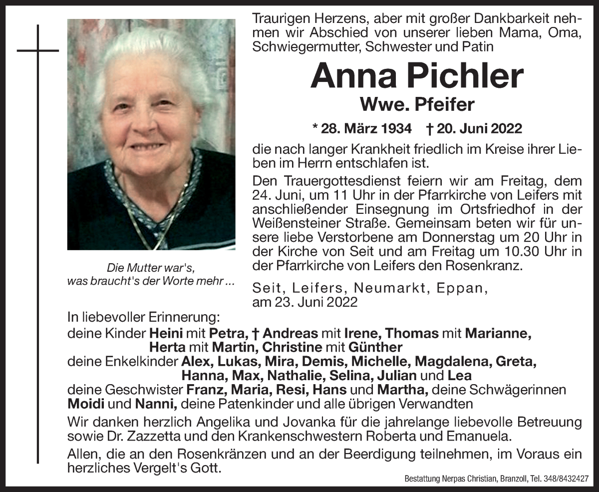  Traueranzeige für Anna Pfeifer vom 23.06.2022 aus Dolomiten