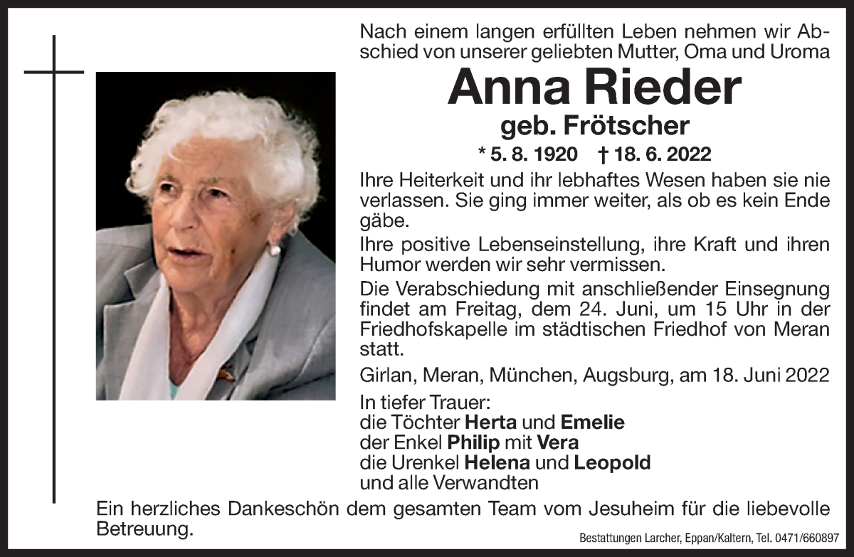  Traueranzeige für Anna Rieder vom 22.06.2022 aus Dolomiten