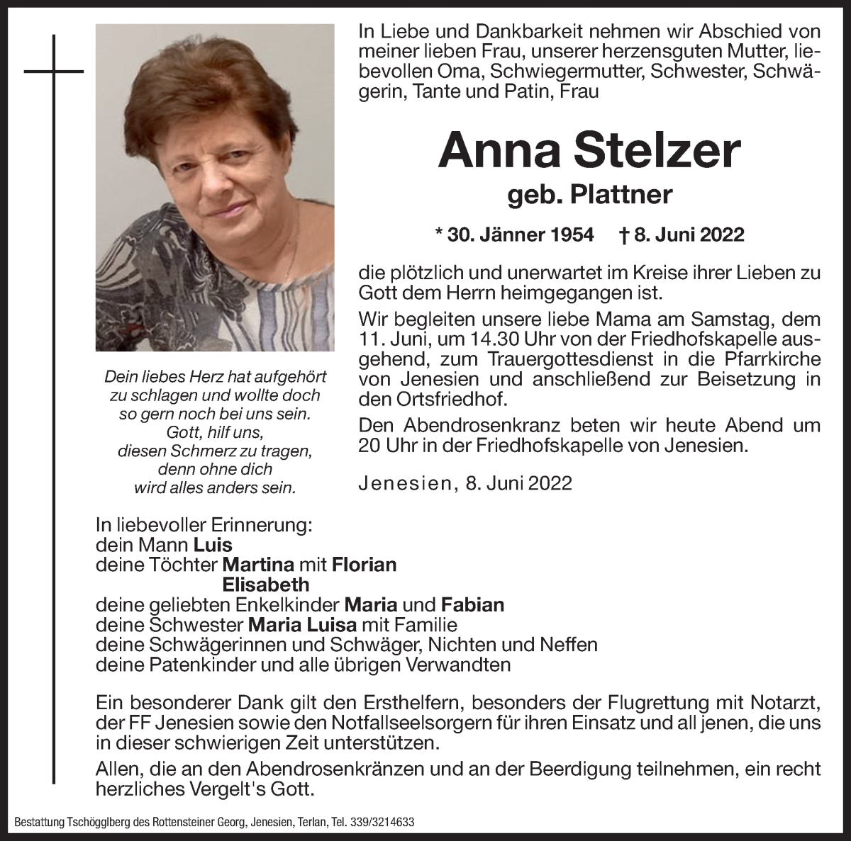  Traueranzeige für Anna Stelzer vom 10.06.2022 aus Dolomiten