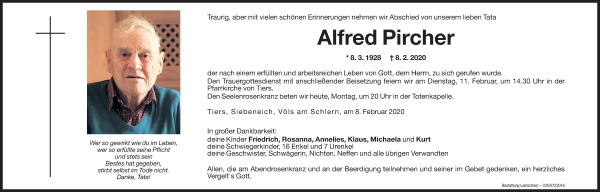 Traueranzeige von Alfred Pircher  von Dolomiten