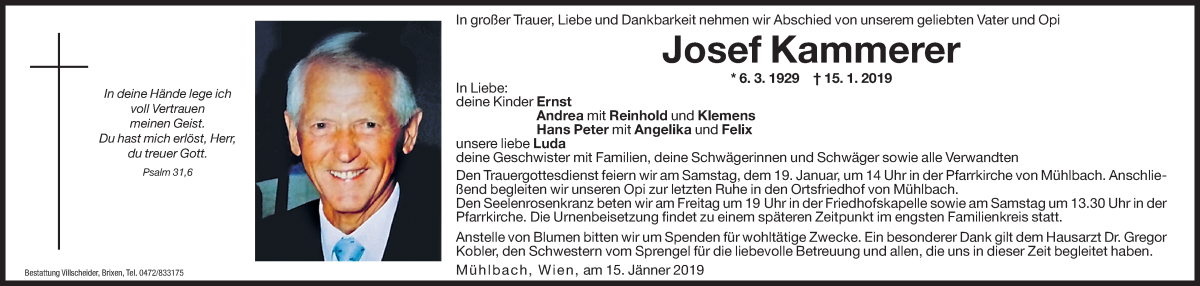  Traueranzeige für Josef Kammerer vom 18.01.2019 aus Dolomiten