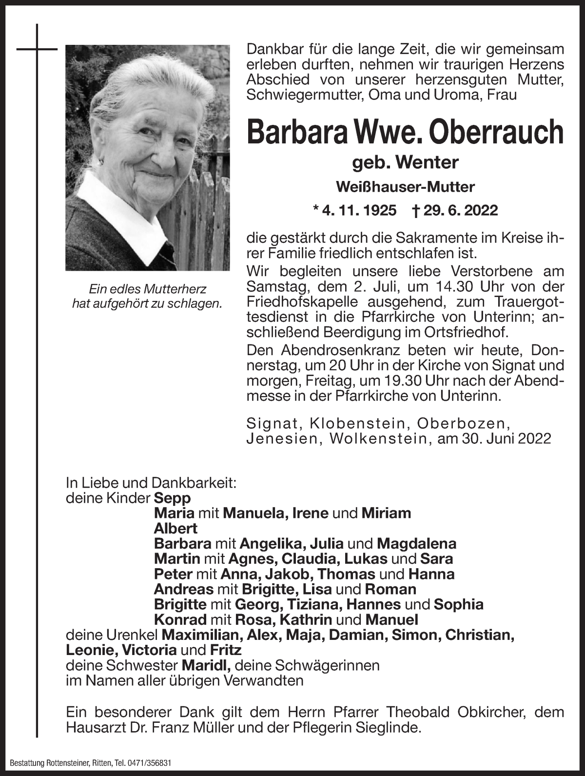  Traueranzeige für Barbara Oberrauch vom 30.06.2022 aus Dolomiten