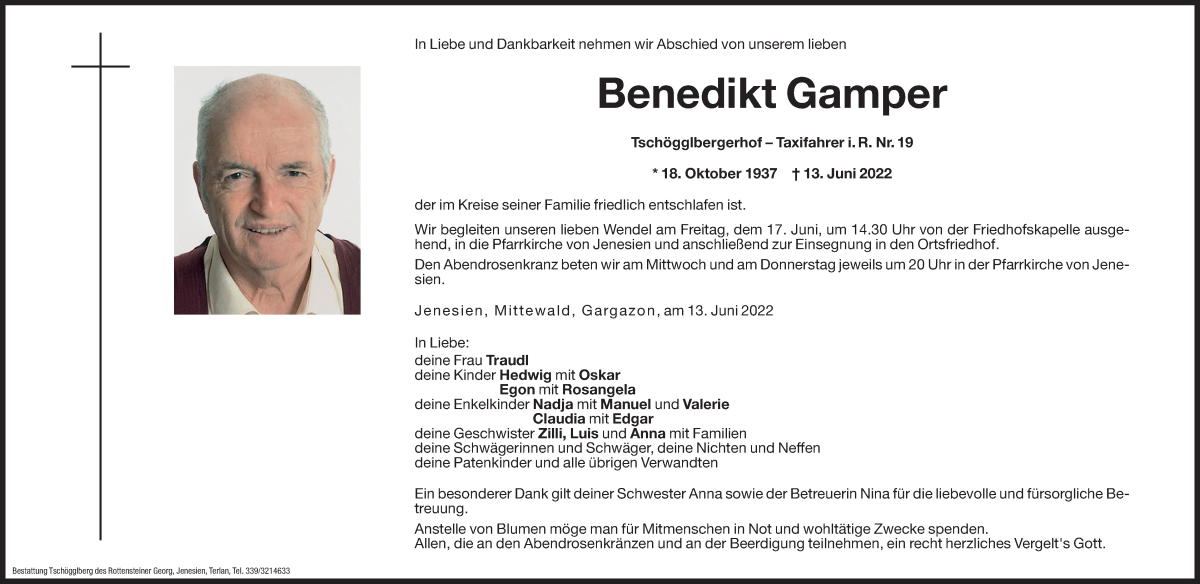  Traueranzeige für Benedikt Gamper vom 15.06.2022 aus Dolomiten