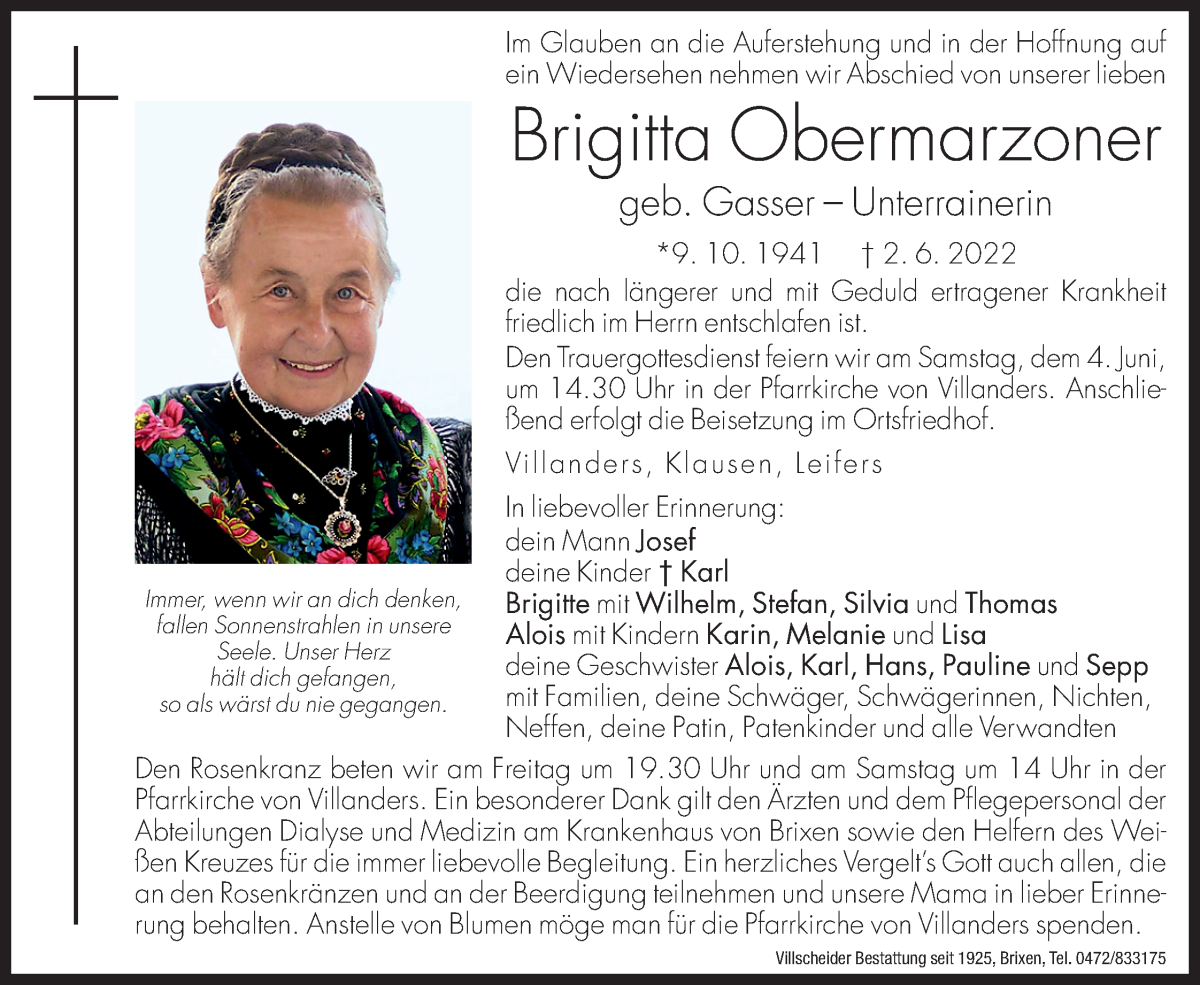  Traueranzeige für Brigitta Obermarzoner vom 03.06.2022 aus Dolomiten