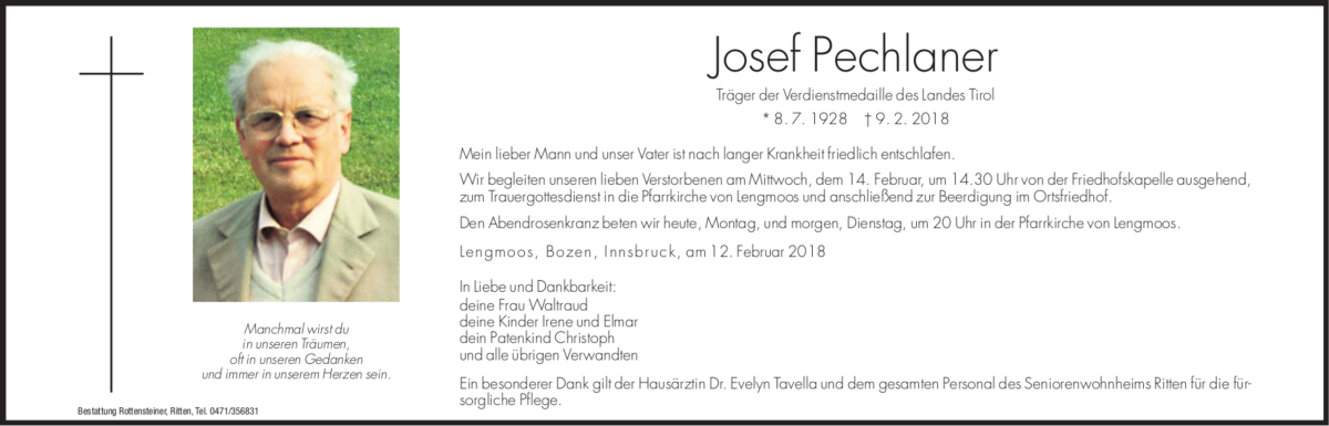  Traueranzeige für Josef Pechlaner vom 12.02.2018 aus Dolomiten