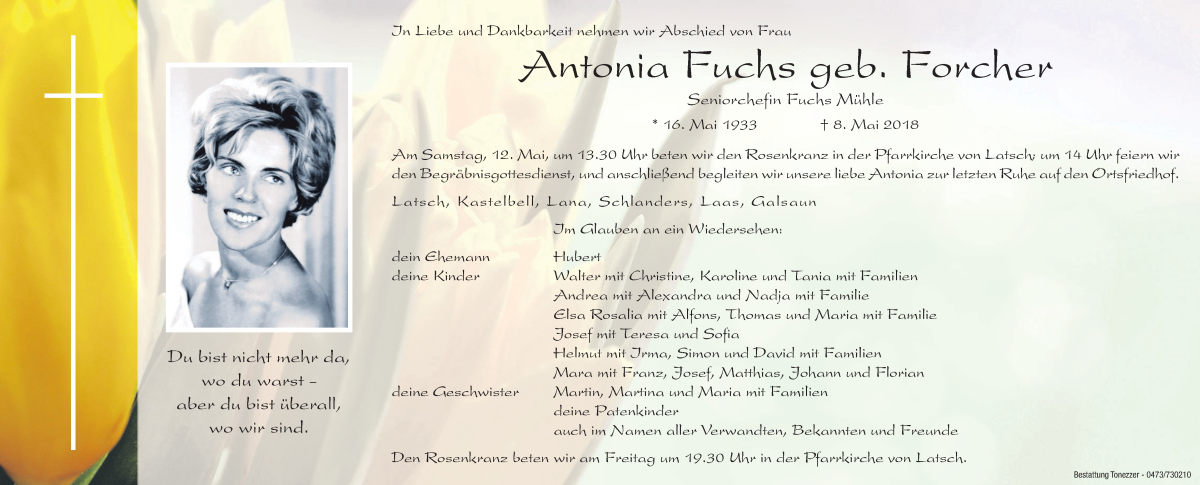  Traueranzeige für Antonia Fuchs vom 11.05.2018 aus Dolomiten
