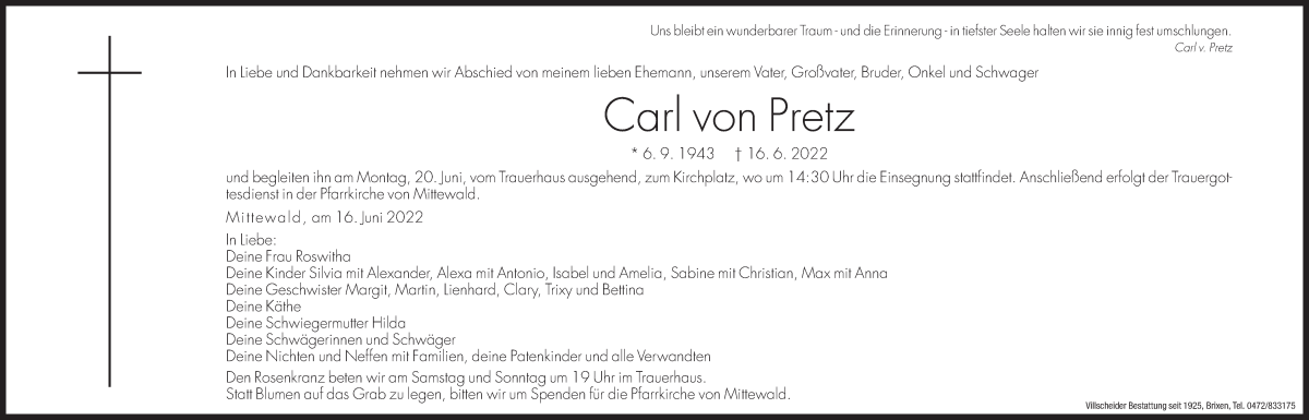  Traueranzeige für Carl von Pretz vom 18.06.2022 aus Dolomiten