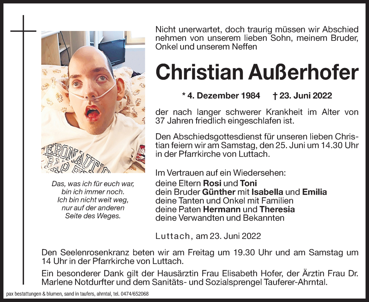  Traueranzeige für Christian Außerhofer vom 24.06.2022 aus Dolomiten