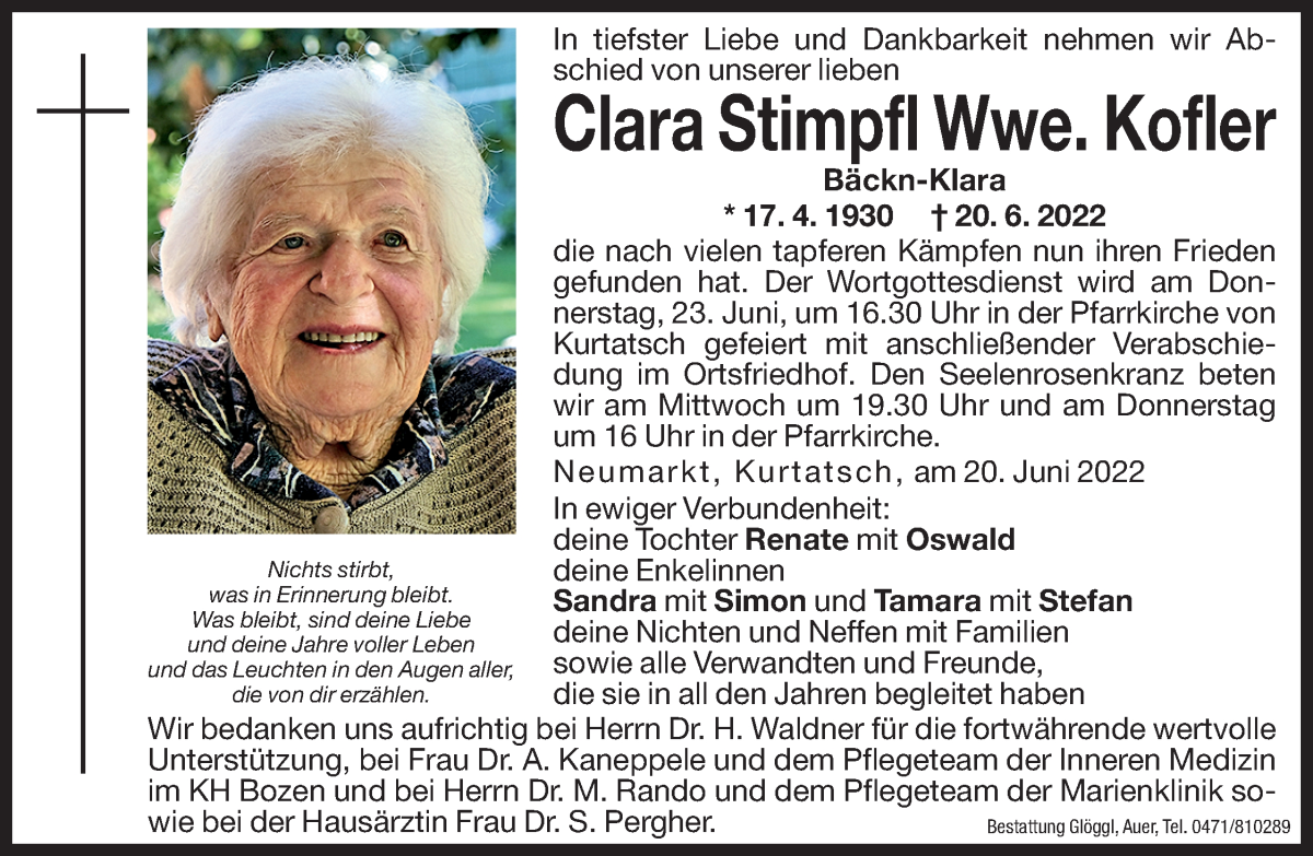  Traueranzeige für Clara Kofler vom 22.06.2022 aus Dolomiten