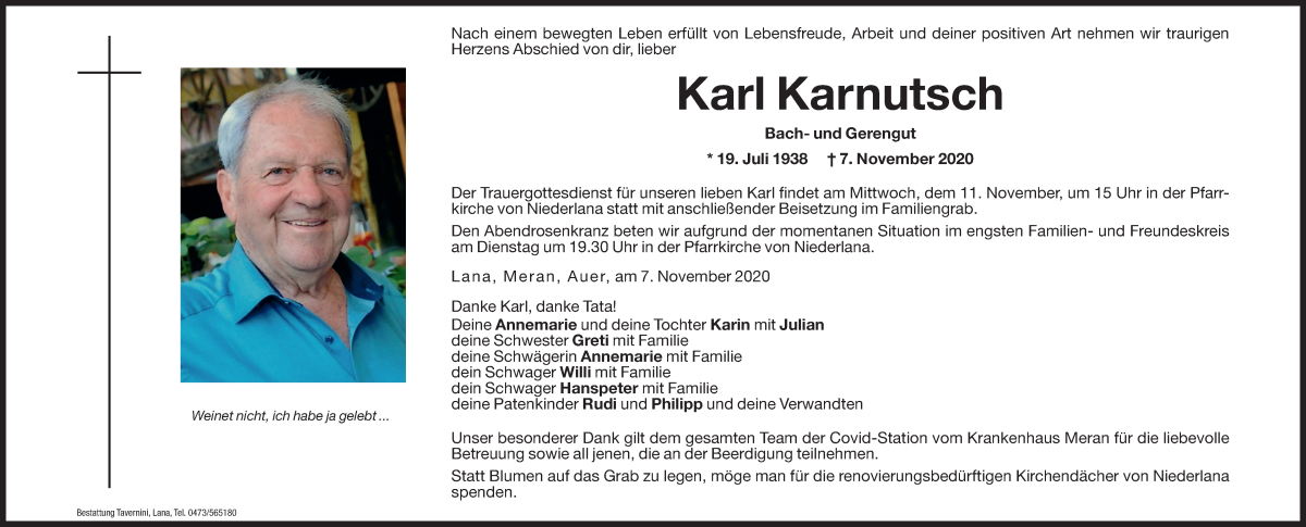  Traueranzeige für Karl Karnutsch vom 10.11.2020 aus Dolomiten