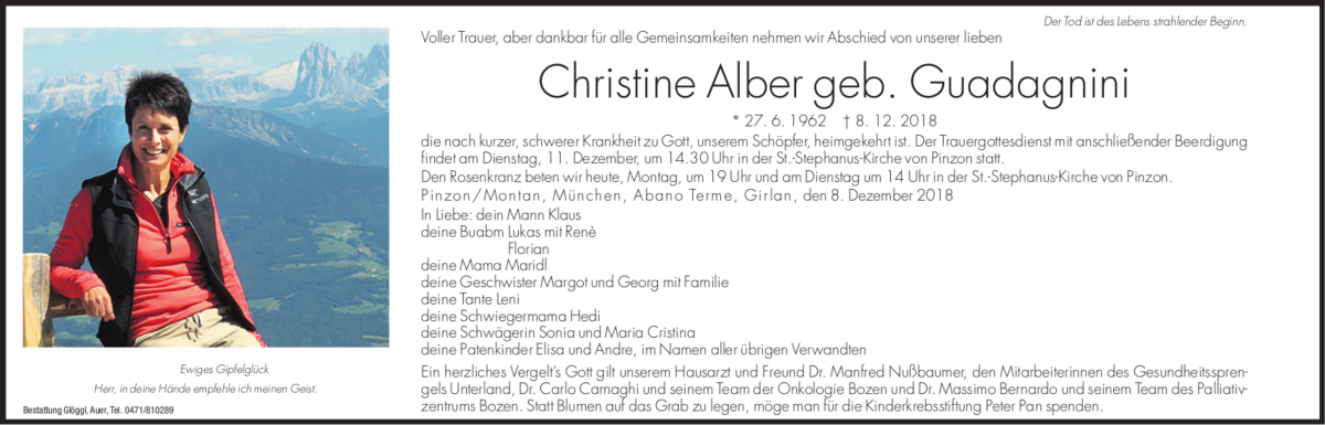  Traueranzeige für Christine Alber vom 10.12.2018 aus Dolomiten