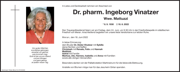 Traueranzeige von Dr. pharm. Ingeborg Mattuzzi von Dolomiten