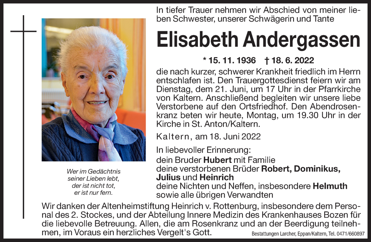  Traueranzeige für Elisabeth Andergassen vom 20.06.2022 aus Dolomiten