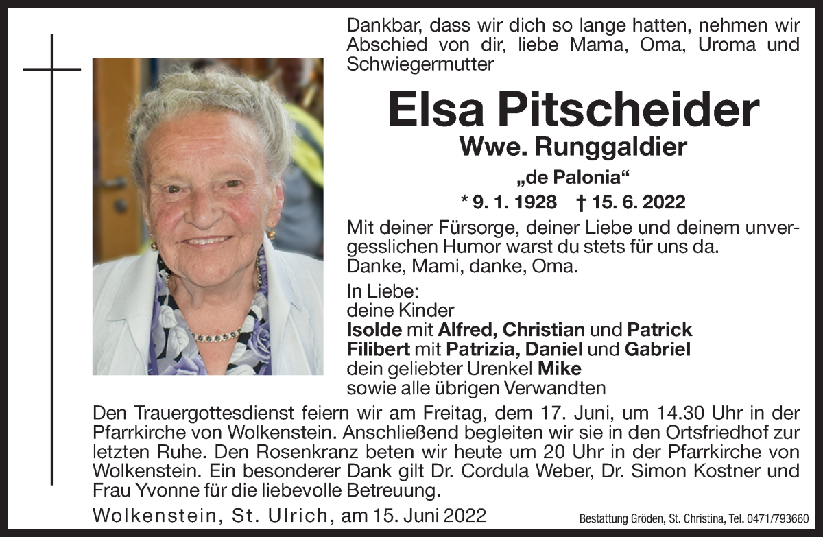  Traueranzeige für Elsa Runggaldier vom 16.06.2022 aus Dolomiten