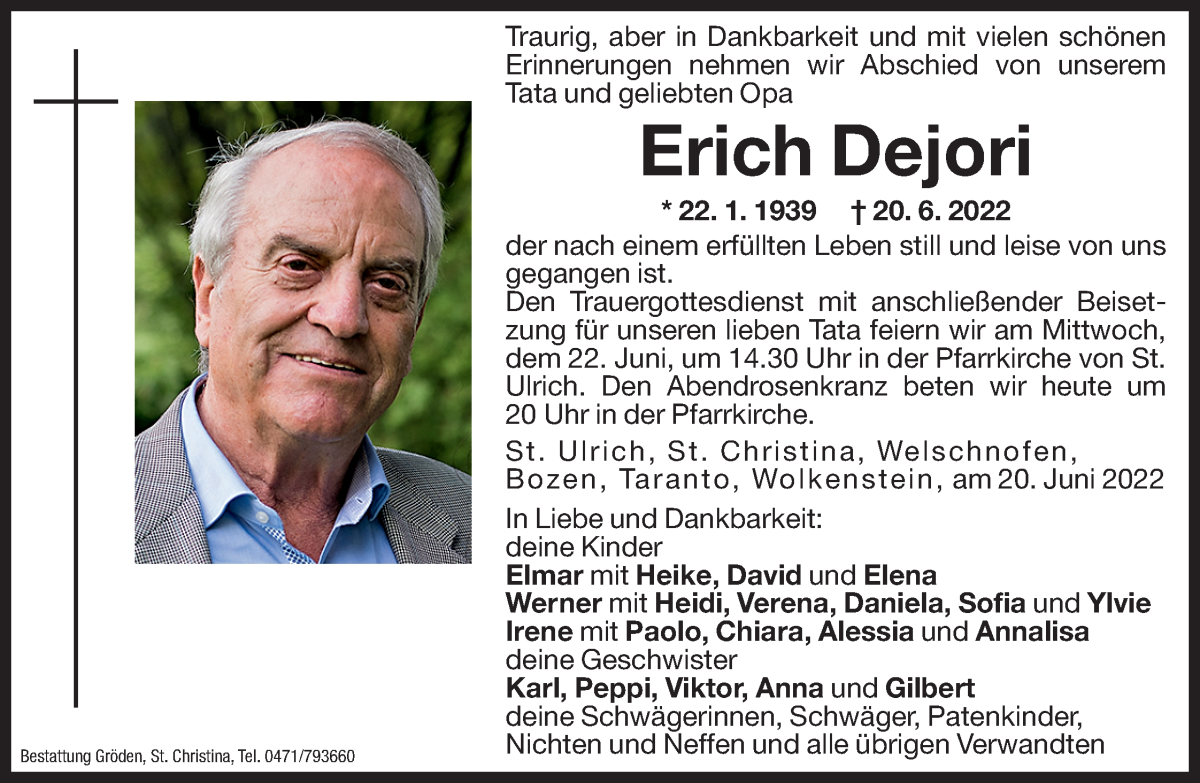  Traueranzeige für Erich Dejori vom 21.06.2022 aus Dolomiten