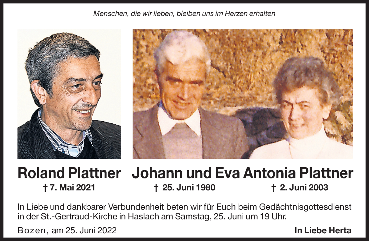  Traueranzeige für Eva Antonia Plattner vom 24.06.2022 aus Dolomiten
