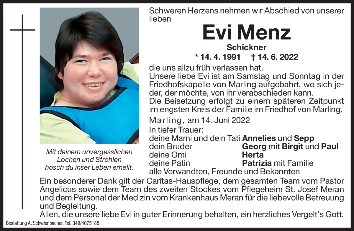  Traueranzeige für Evi Menz vom 17.06.2022 aus Dolomiten