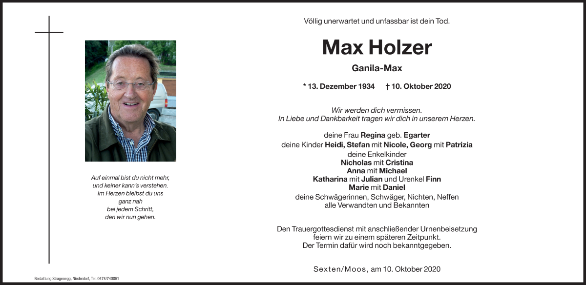  Traueranzeige für Max Holzer  vom 14.10.2020 aus Dolomiten