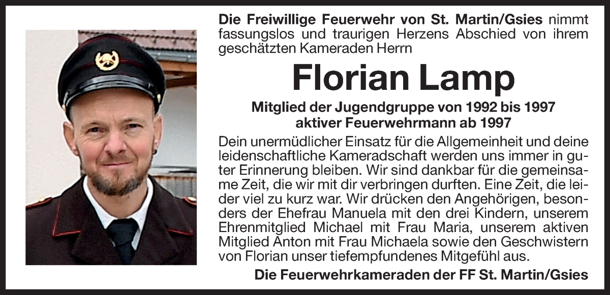  Traueranzeige für Florian Lamp vom 30.06.2022 aus Dolomiten