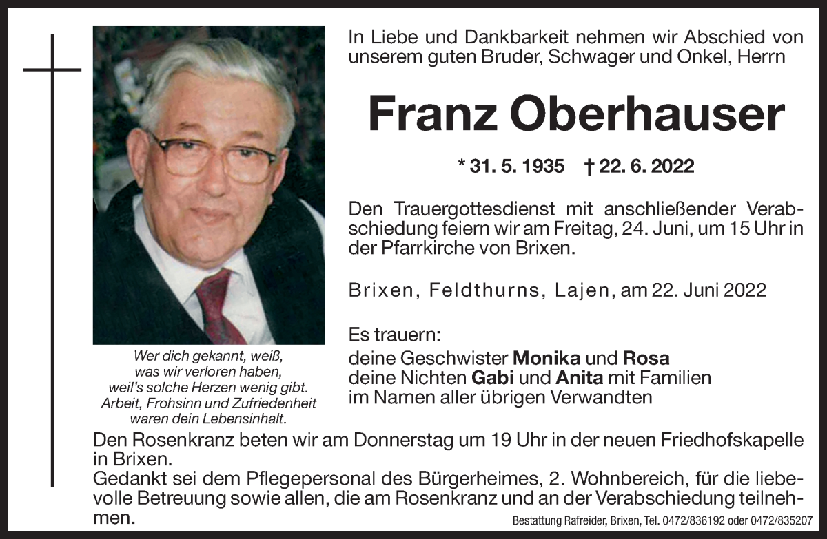  Traueranzeige für Franz Oberhauser vom 23.06.2022 aus Dolomiten