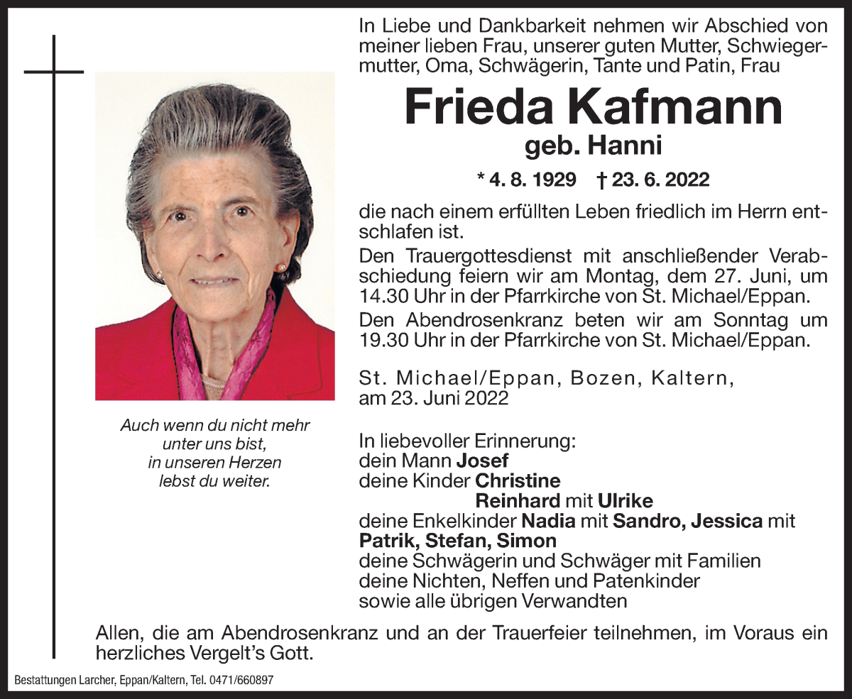  Traueranzeige für Frieda Kafmann vom 24.06.2022 aus Dolomiten