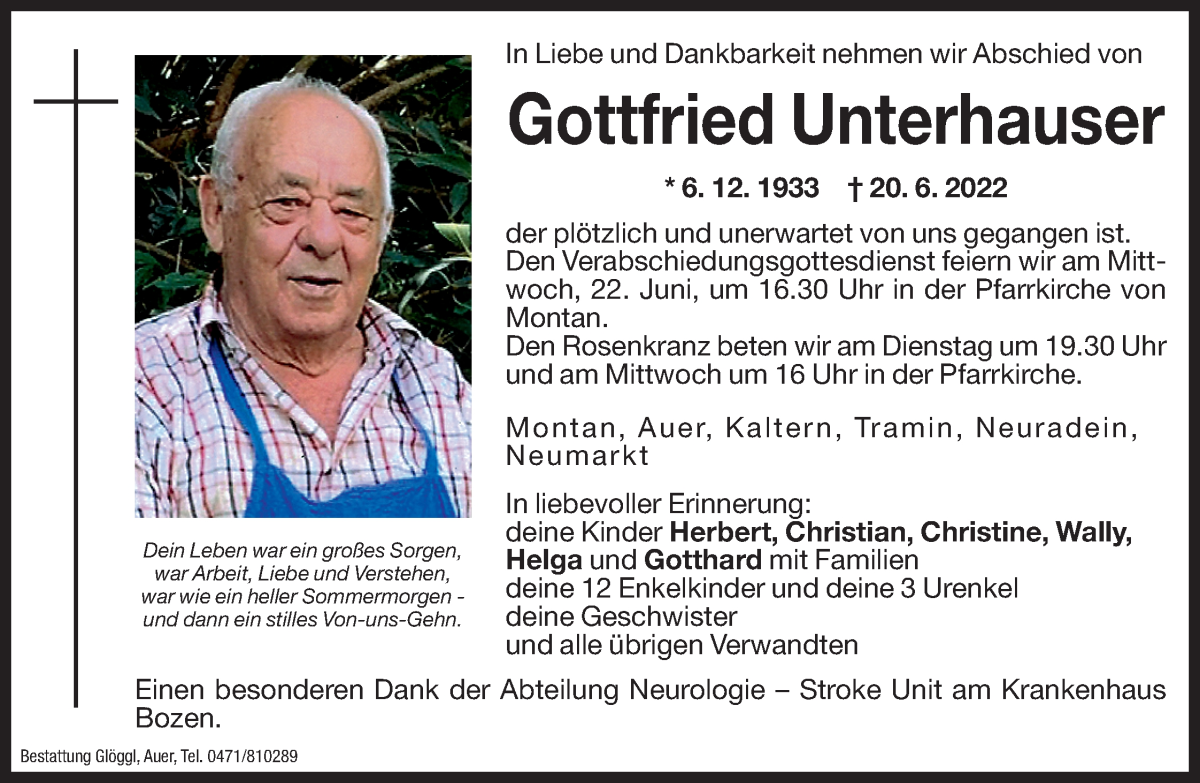  Traueranzeige für Gottfried Unterhauser vom 21.06.2022 aus Dolomiten
