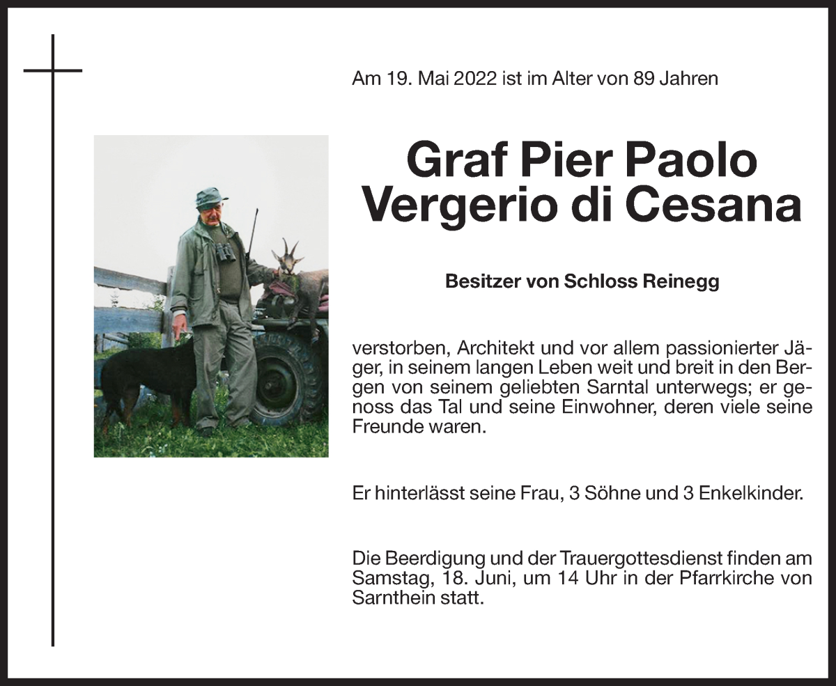  Traueranzeige für Graf Pier Paolo Vergerio di Cesana vom 17.06.2022 aus Dolomiten