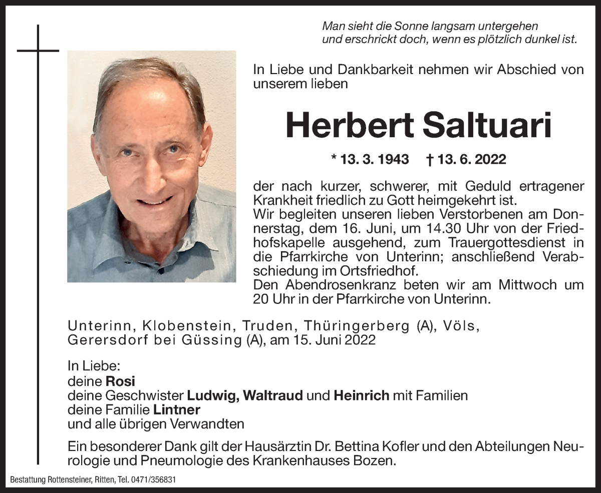  Traueranzeige für Herbert Saltuari vom 15.06.2022 aus Dolomiten