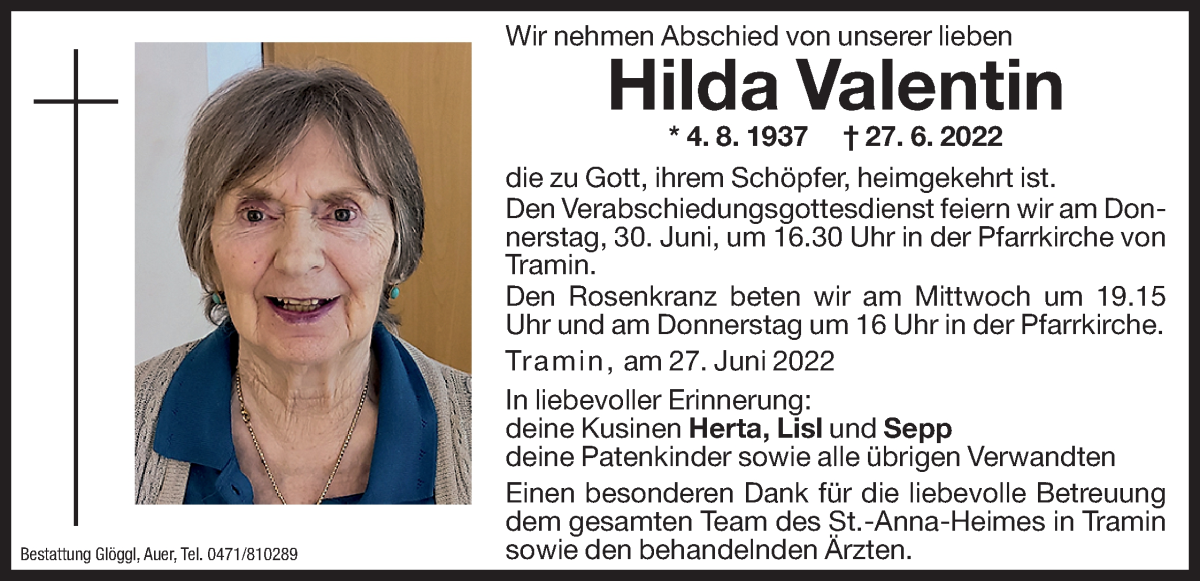  Traueranzeige für Hilda Valentin vom 28.06.2022 aus Dolomiten