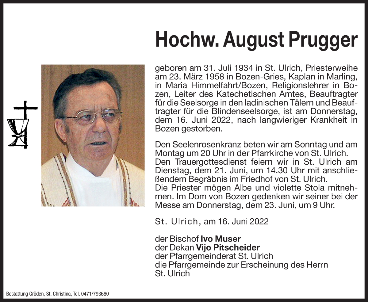  Traueranzeige für Hochw. August Prugger vom 18.06.2022 aus Dolomiten