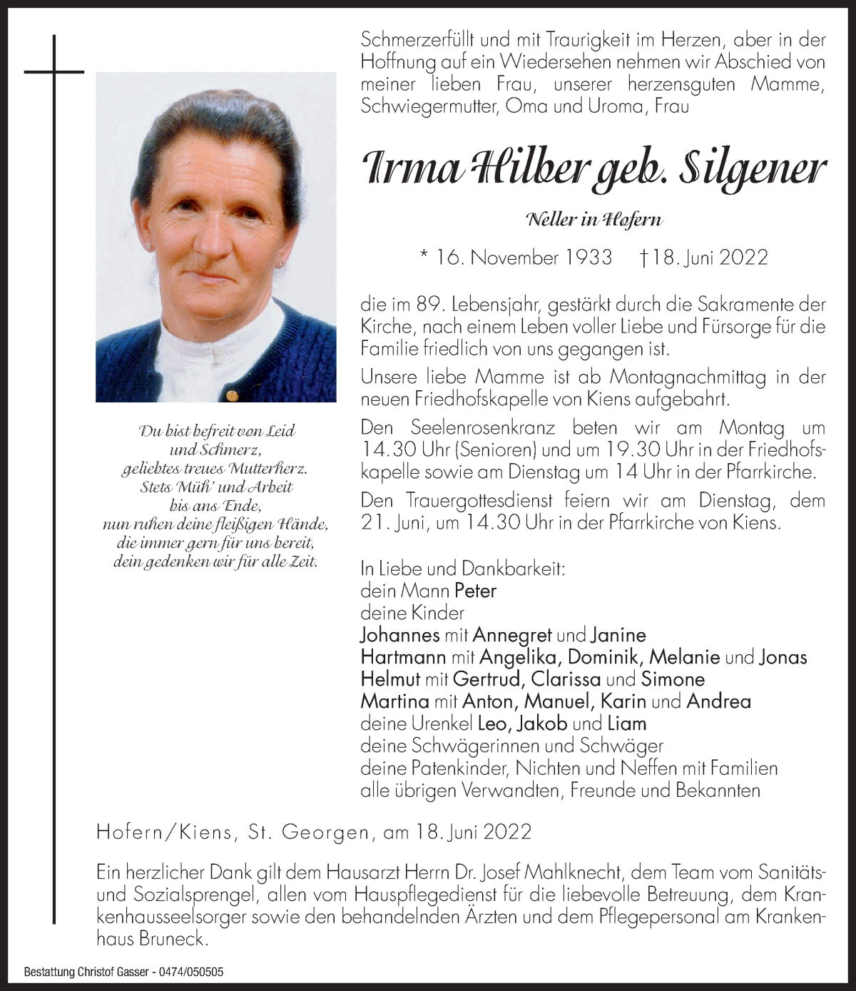  Traueranzeige für Irma Hilber vom 20.06.2022 aus Dolomiten