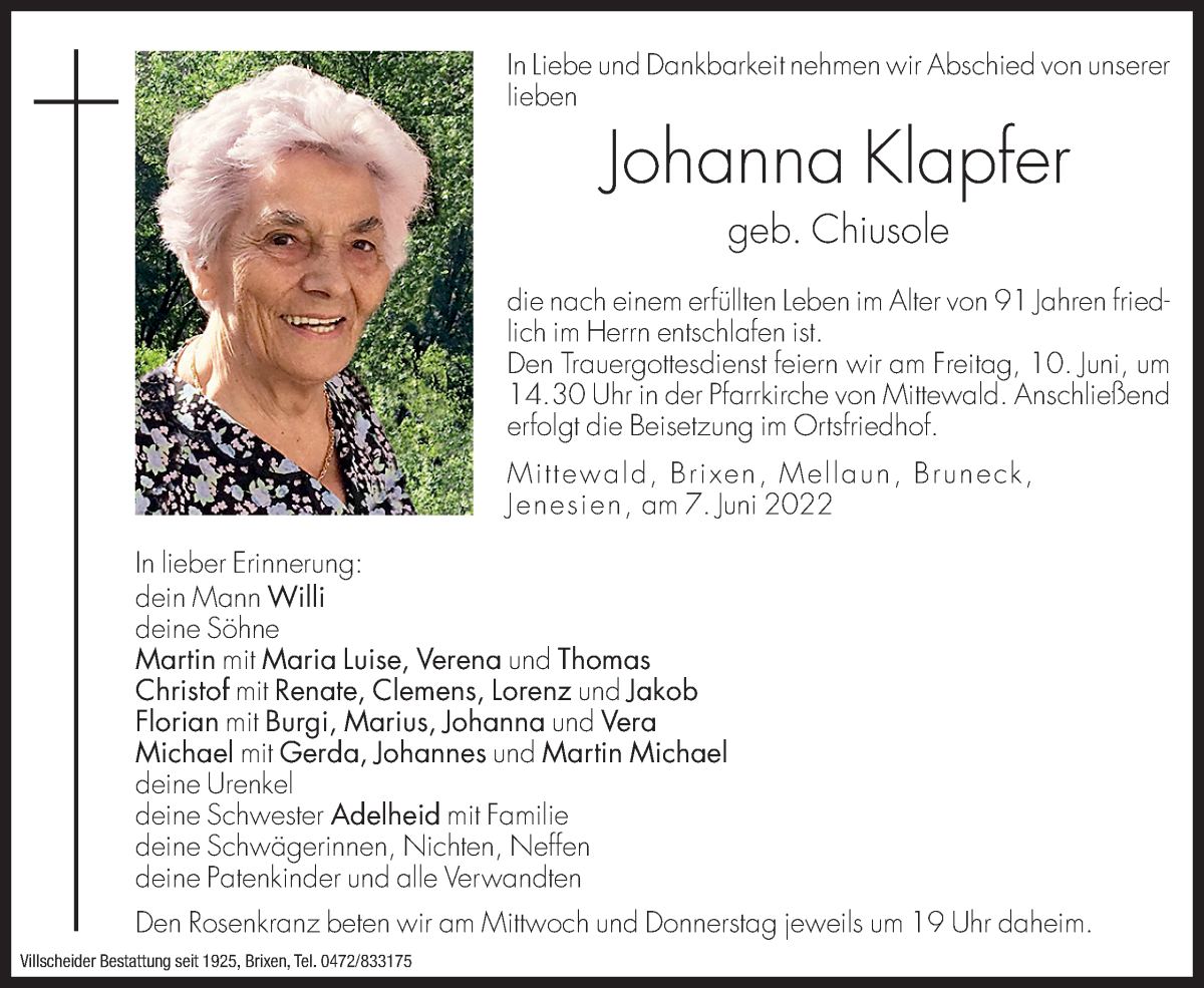  Traueranzeige für Johanna Klapfer vom 08.06.2022 aus Dolomiten