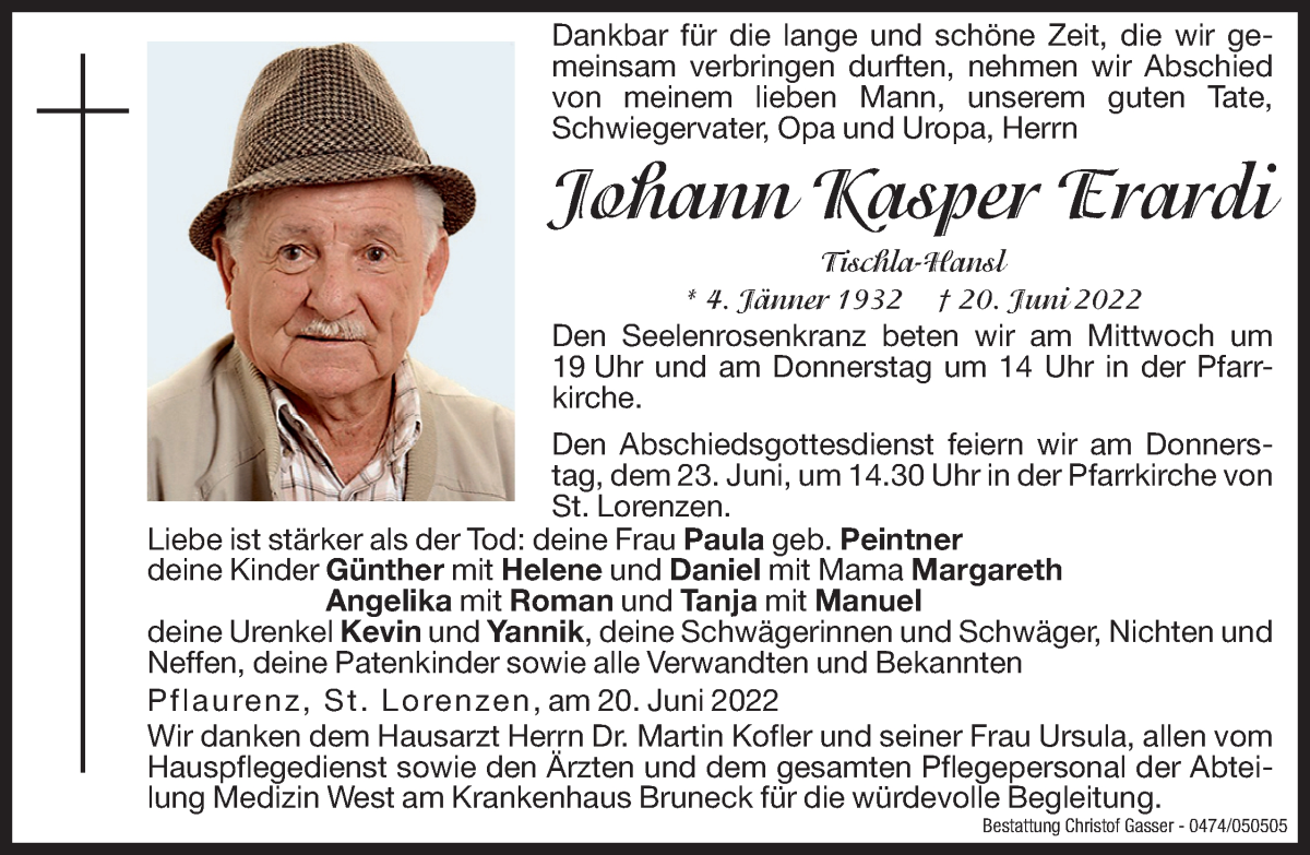  Traueranzeige für Johann Kasper Erardi vom 22.06.2022 aus Dolomiten