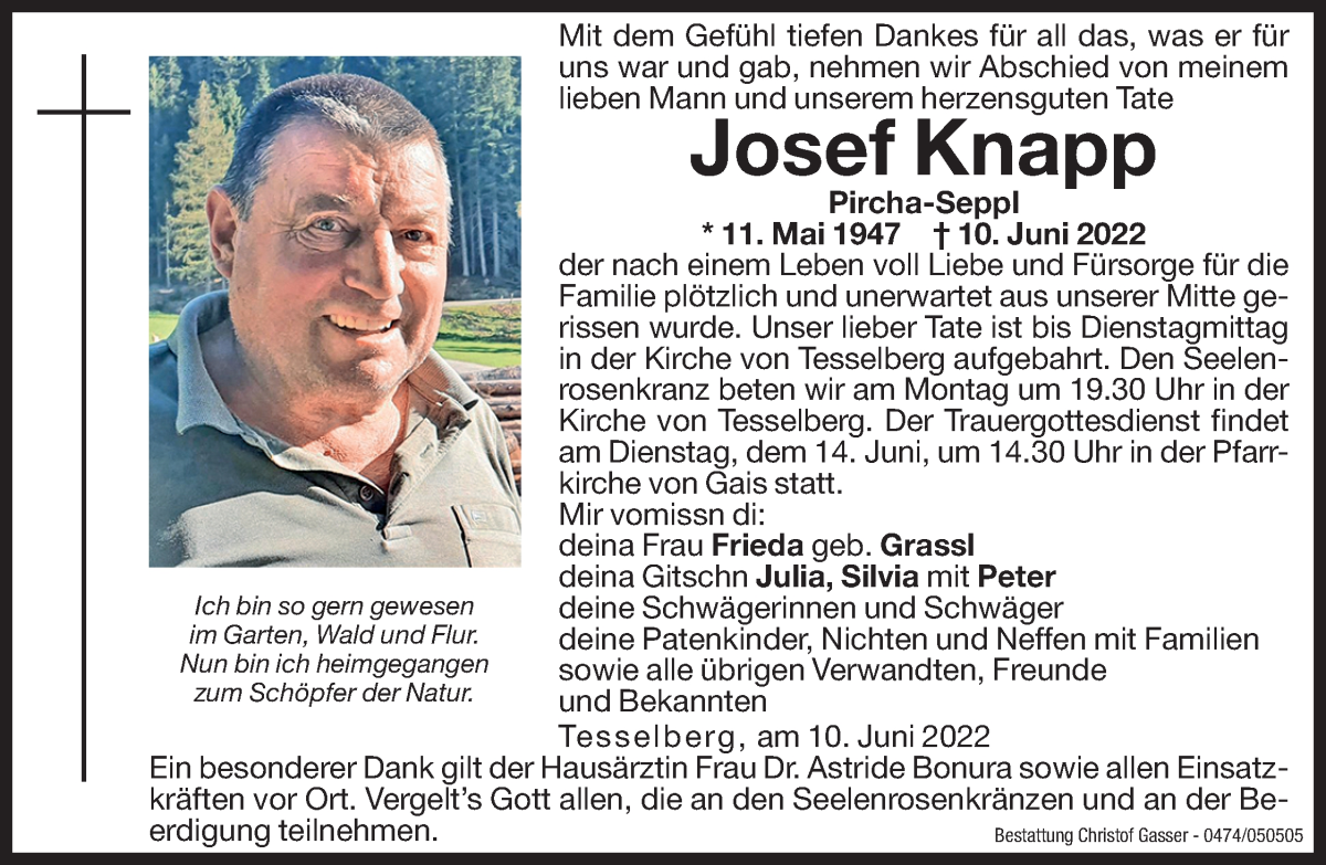 Traueranzeige für Josef Knapp vom 13.06.2022 aus Dolomiten