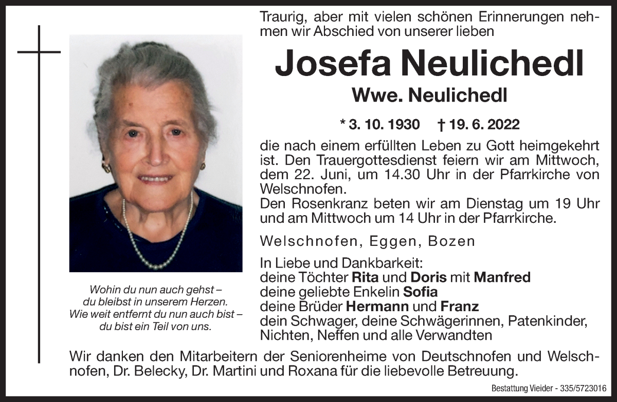  Traueranzeige für Josefa Neulichedl vom 20.06.2022 aus Dolomiten