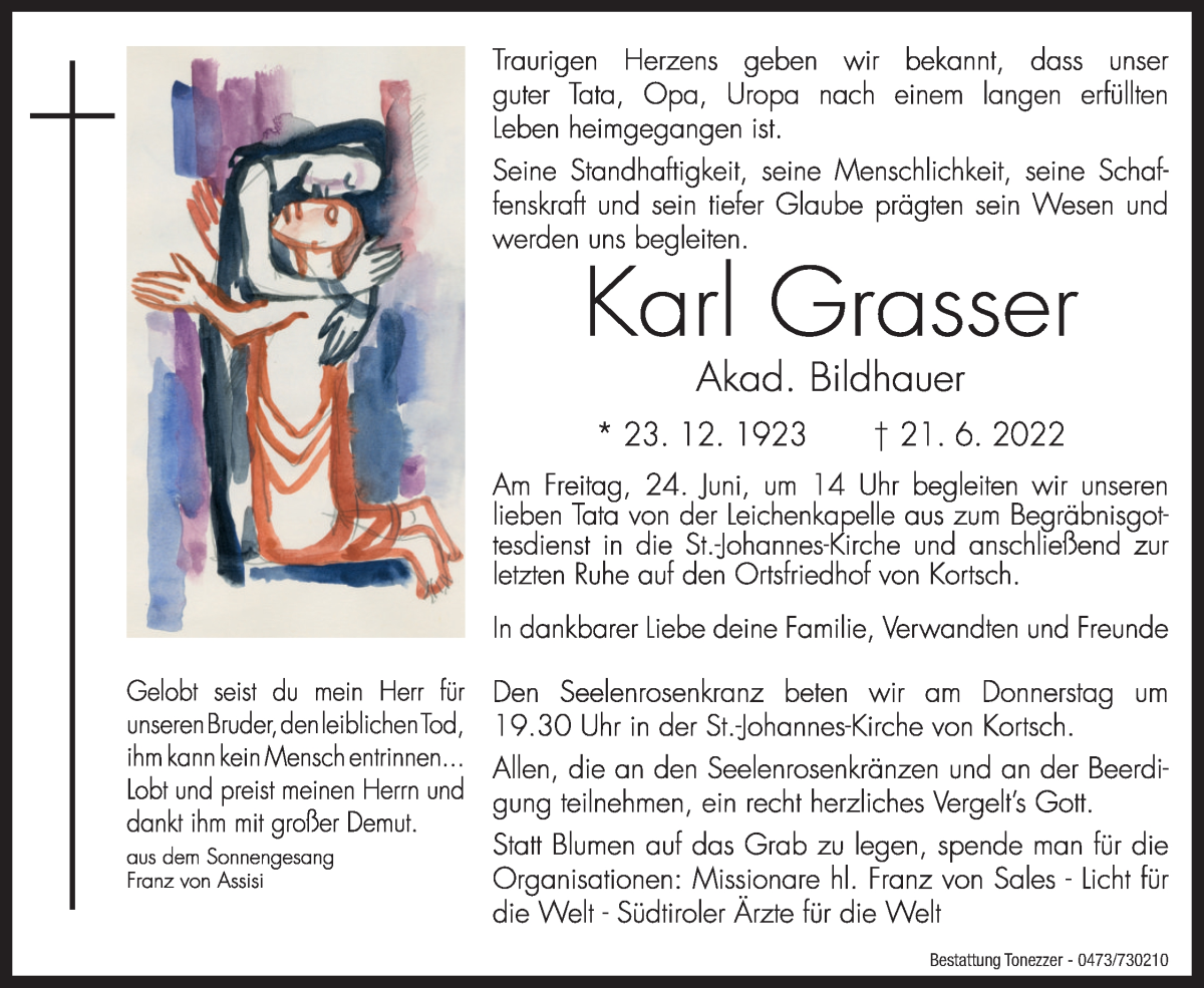  Traueranzeige für Karl Grasser vom 23.06.2022 aus Dolomiten