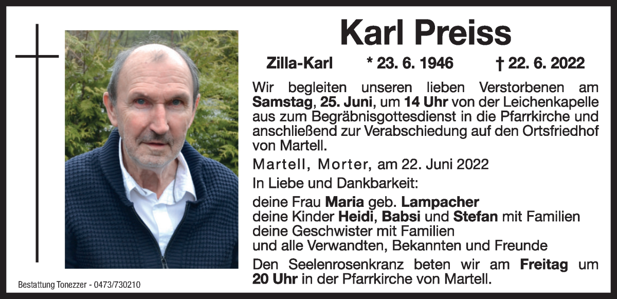  Traueranzeige für Karl Preiss vom 24.06.2022 aus Dolomiten