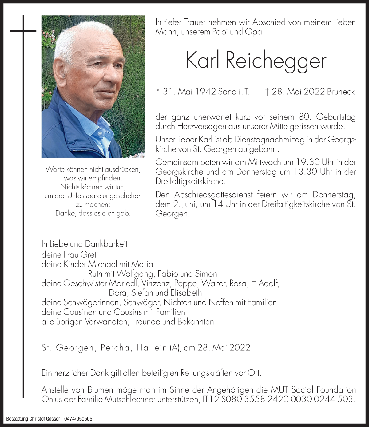  Traueranzeige für Karl Reichegger vom 01.06.2022 aus Dolomiten