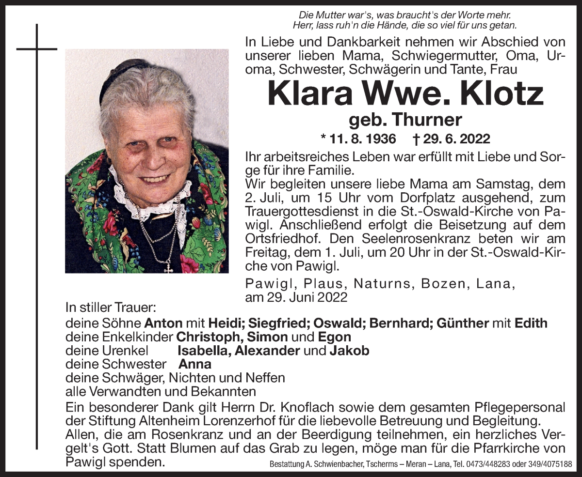  Traueranzeige für Klara Klotz vom 30.06.2022 aus Dolomiten