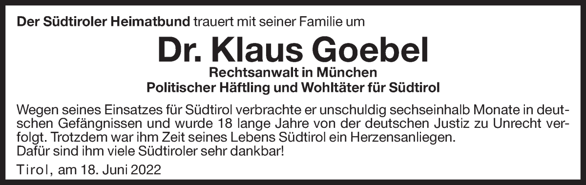  Traueranzeige für Klaus Goebel vom 18.06.2022 aus Dolomiten