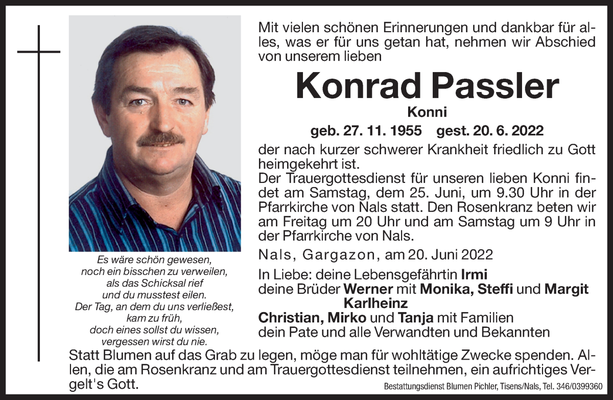  Traueranzeige für Konrad Passler vom 23.06.2022 aus Dolomiten