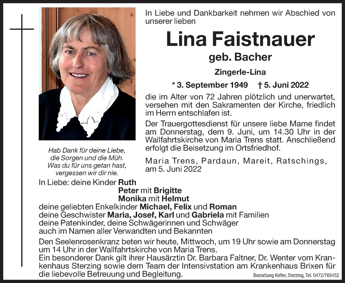  Traueranzeige für Lina Faistnauer vom 08.06.2022 aus Dolomiten