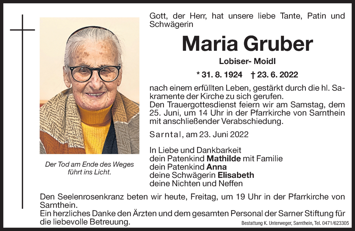  Traueranzeige für Maria Gruber vom 24.06.2022 aus Dolomiten