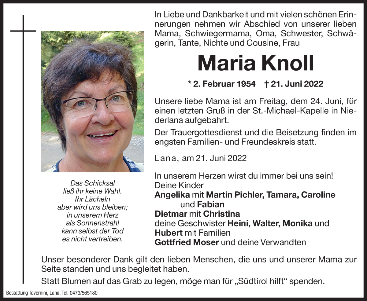 Traueranzeige für Maria Knoll vom 23.06.2022 aus Dolomiten