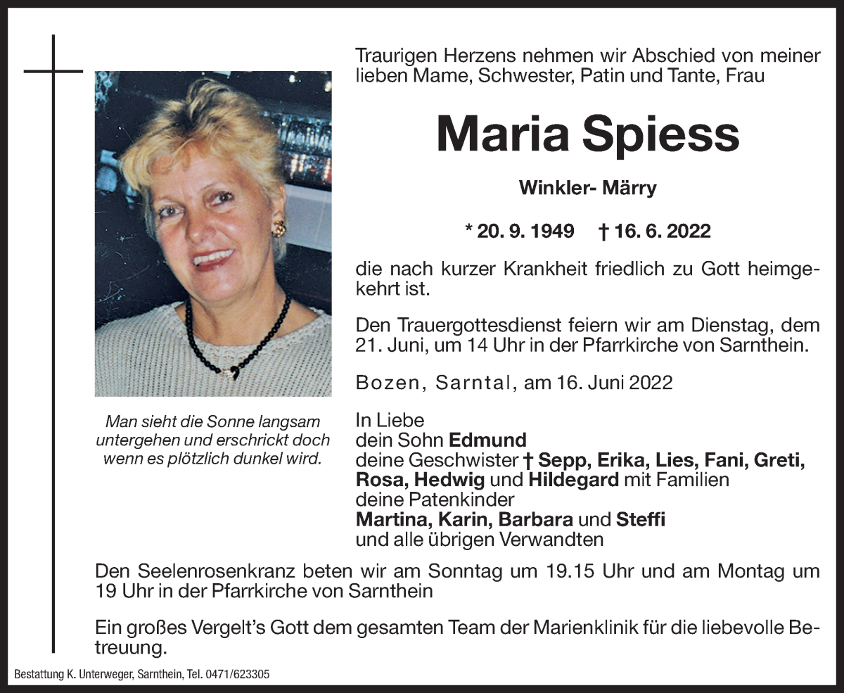  Traueranzeige für Maria Spiess vom 18.06.2022 aus Dolomiten